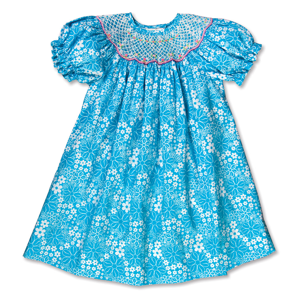 Aqua Blue Floral Smocked Bishop 16SU 5598 A