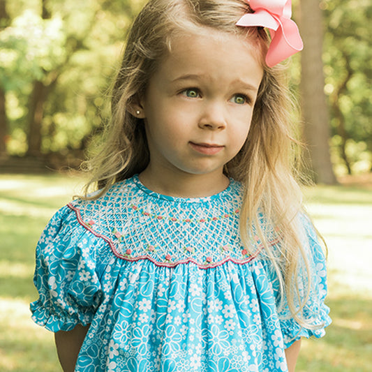 Aqua Blue Floral Smocked Bishop 16SU 5598 A