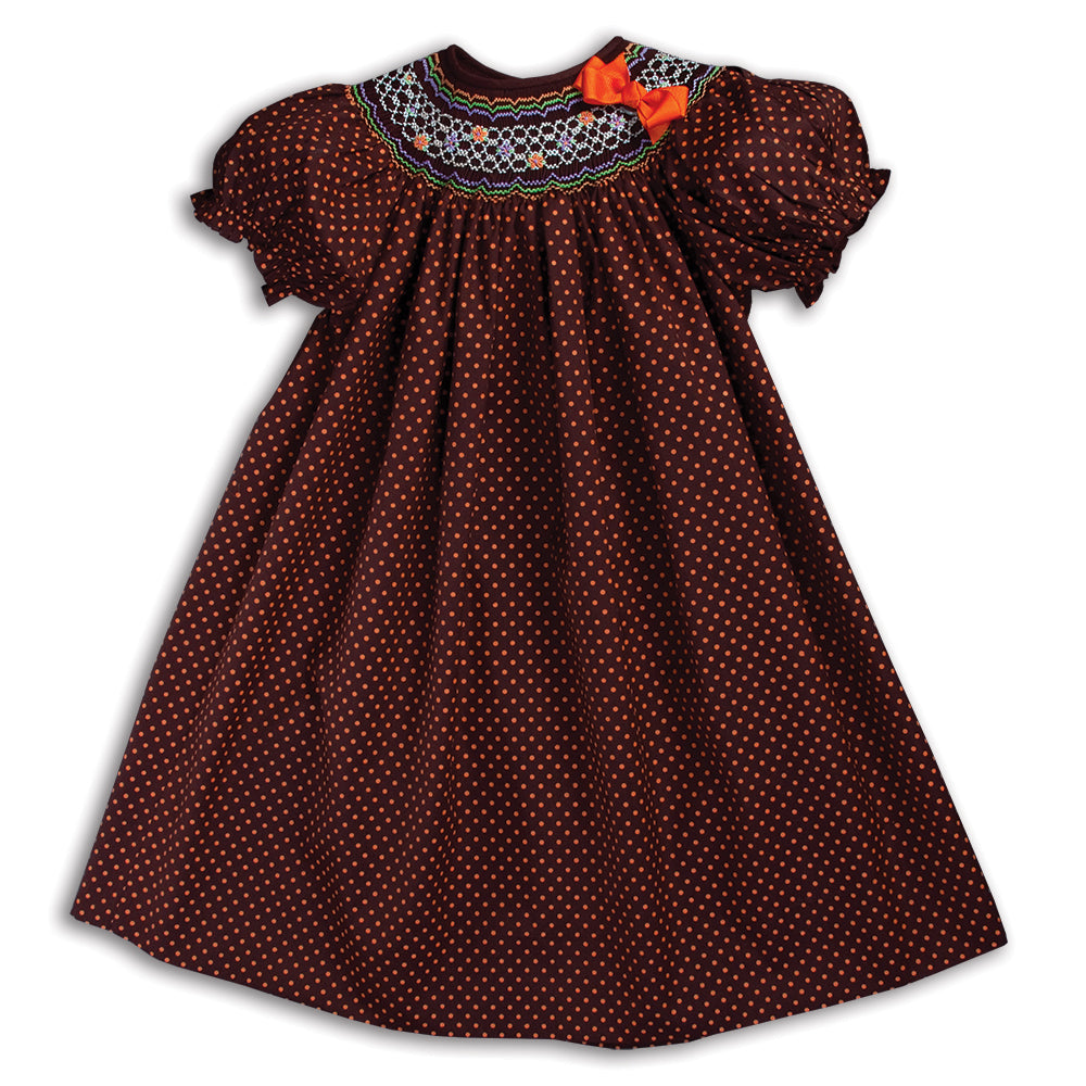Orange Polkadot Brown English Smocked Bishop with Removable Bow 15F 5674 A