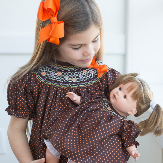 Orange Polkadot Brown English Smocked Bishop with Removable Bow 15F 5674 A