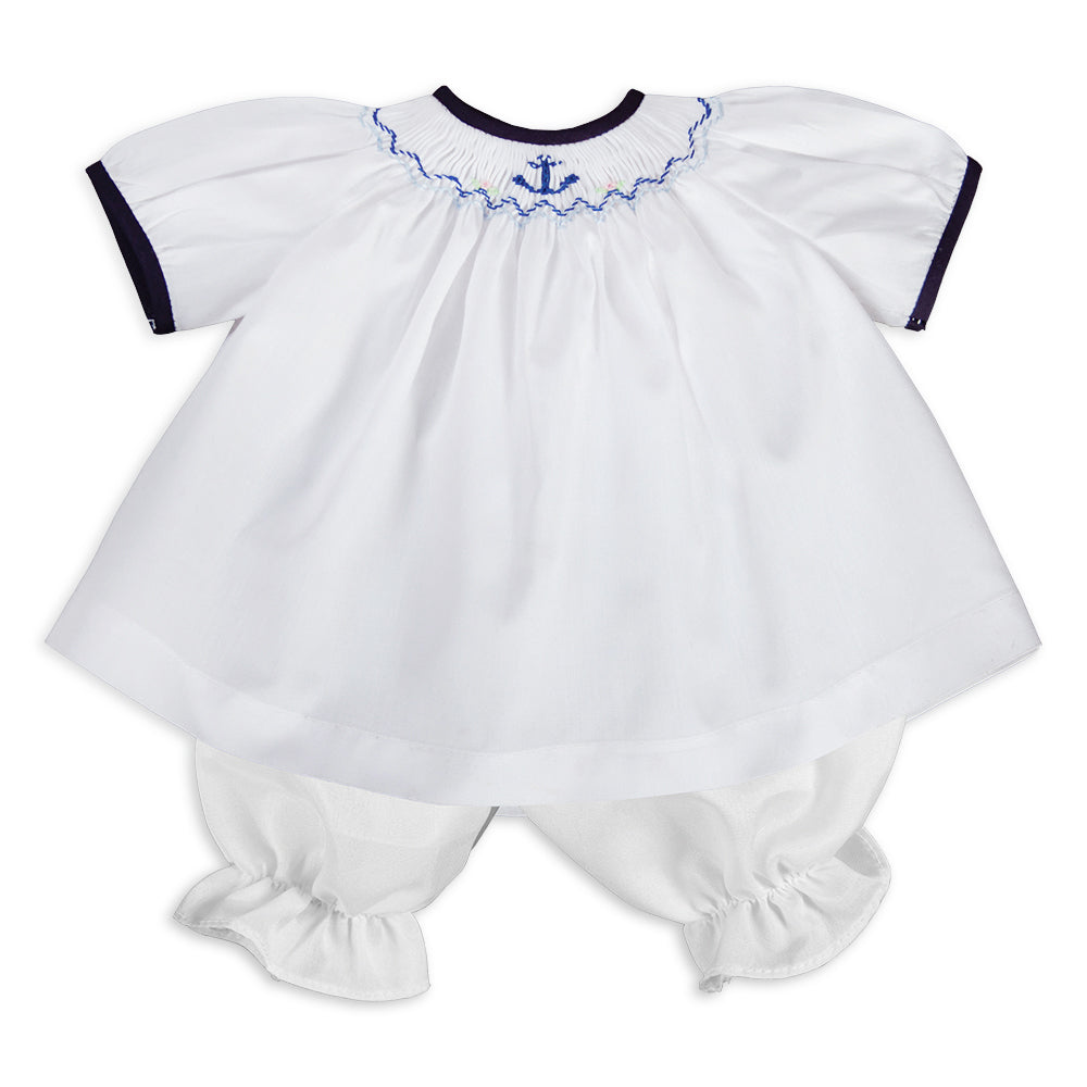 Anchors Aweigh White & Blue Smocked Doll Dress 16SU 5738 DD