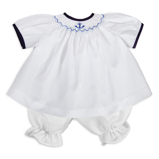 Anchors Aweigh White & Blue Smocked Doll Dress 16SU 5738 DD