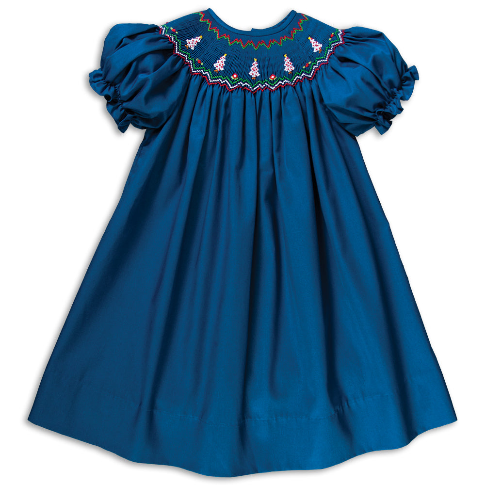 White Christmas Trees Royal Blue Smocked Bishop 16H 5811 A