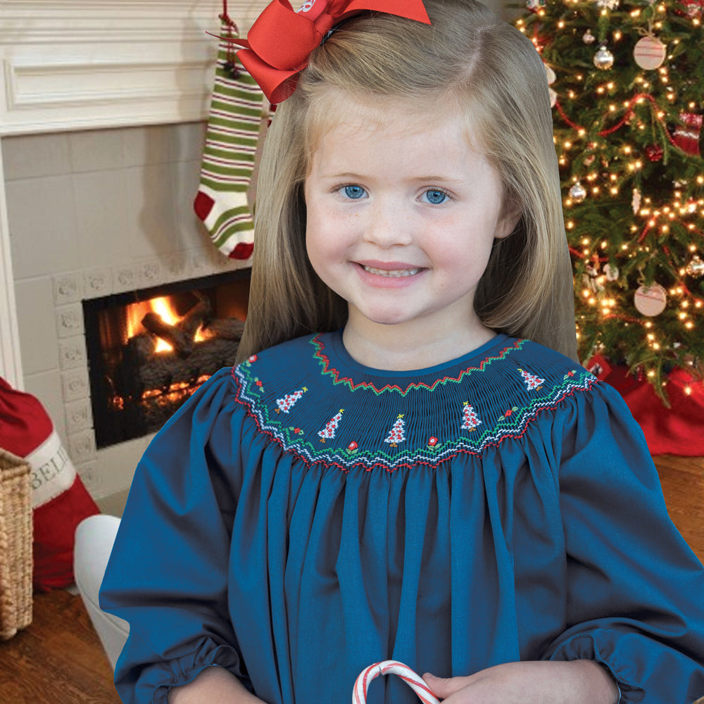 White Christmas Trees Royal Blue Smocked Long Sleeve Bishop 16H 5811 B