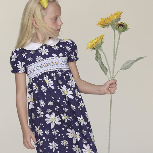 Navy Blue Floral English Smocked 100% Cotton Baby Dress 17SP 5813 D