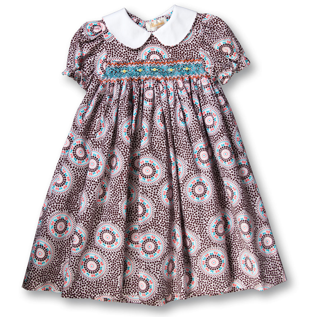 Brown & Pink Dotted Swirl Smocked Baby Dress w/Peter Pan Collar 17F 5825 D