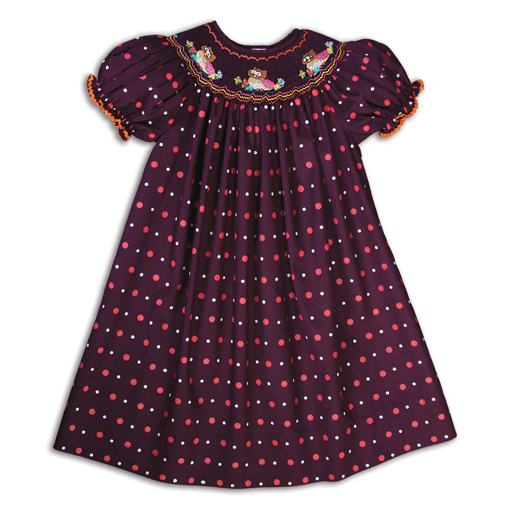 Nesting Owls Maroon Multi-Dot Smocked Bishop 16F 5829 A