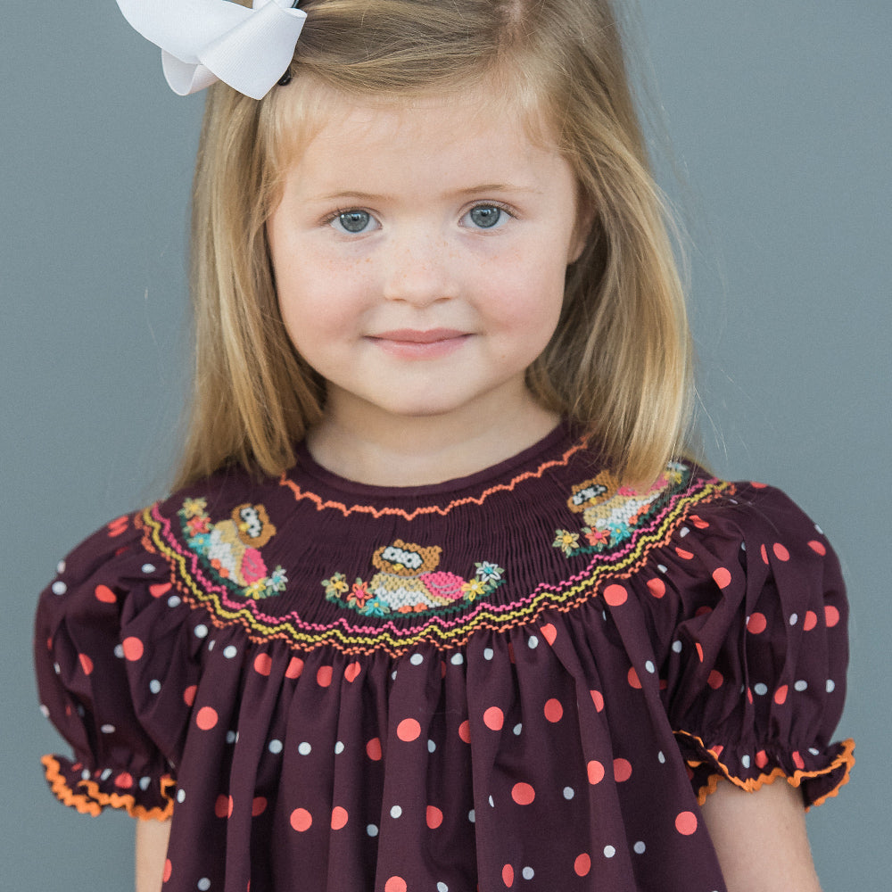 Nesting Owls Maroon Multi-Dot Smocked Bishop 16F 5829 A