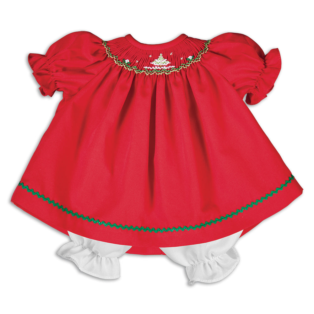 Sparkling Christmas Trees Red Smocked Doll Dress 16H 5867 DD RD