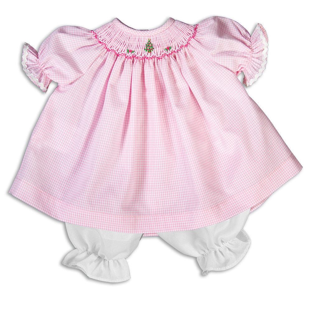 Christmas Trees & Pink Roses Pink Gingham Smocked Doll Dress w/RicRac 16H 5871 DD