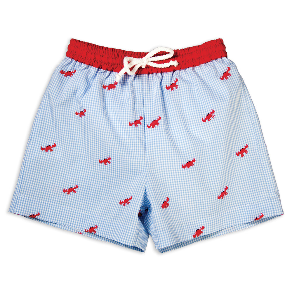 Red Crabs Blue Gingham Embroidered Boy Swim Shorts 16SU 5893 SW1B