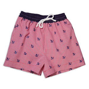 Navy Anchors Red Gingham Embroidered Boy Swim Shorts 16SU 5895 SW1B