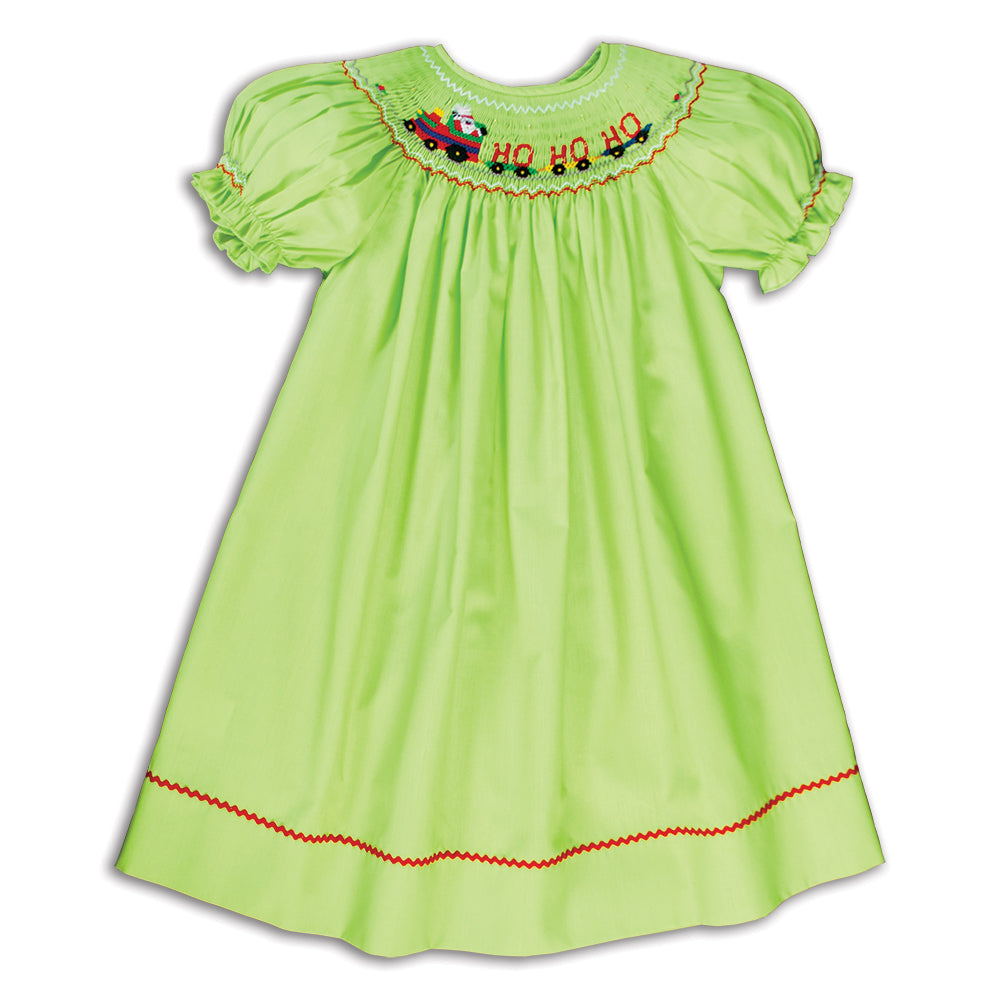 Ho! Ho! Ho! Santa Train Apple Green Smocked Bishop w/RicRac 16H 5902 A