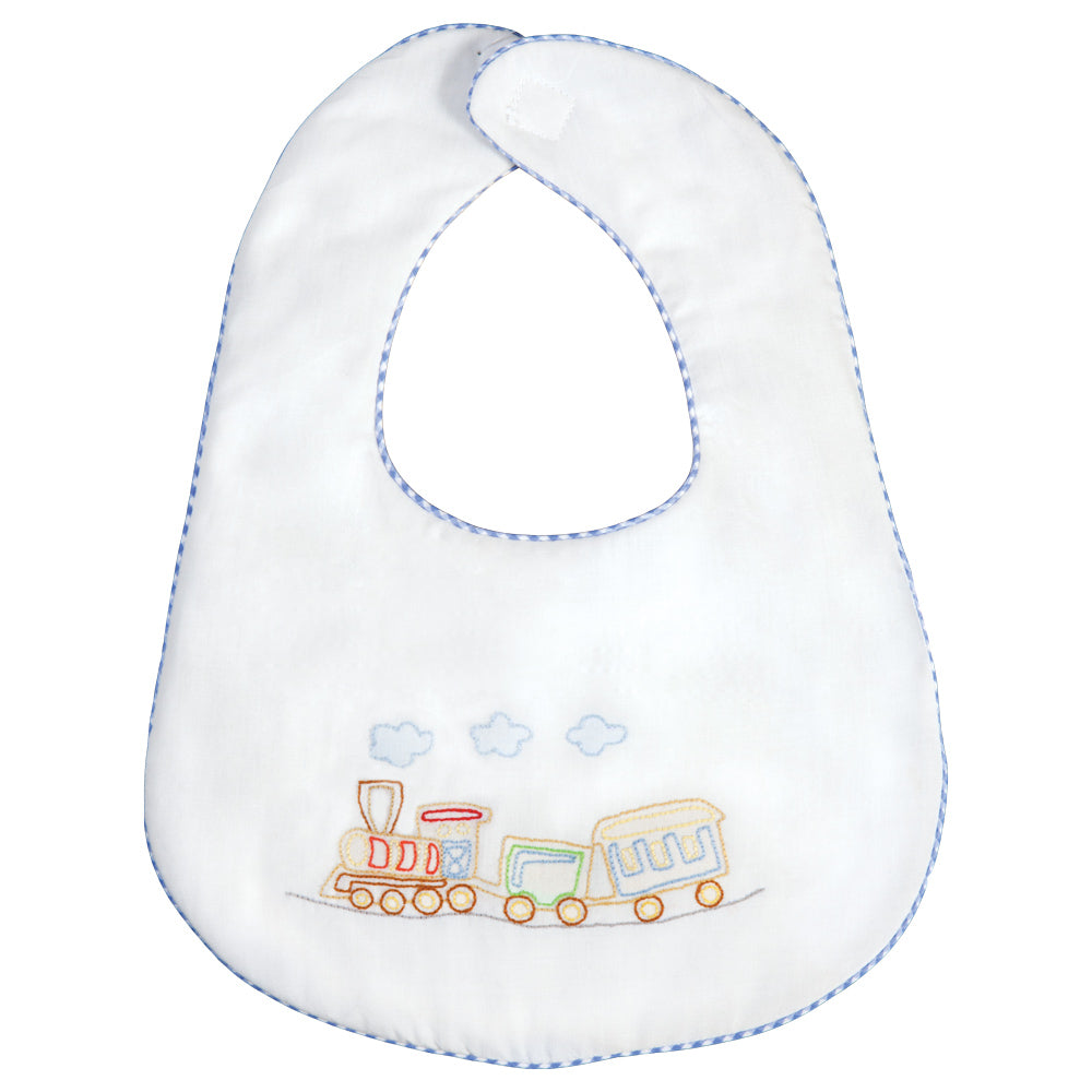 Train Shadow Embroidered w/Blue Gingham Trim Bib 17SP 5904 BIB