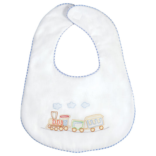 Train Shadow Embroidered w/Blue Gingham Trim Bib 17SP 5904 BIB
