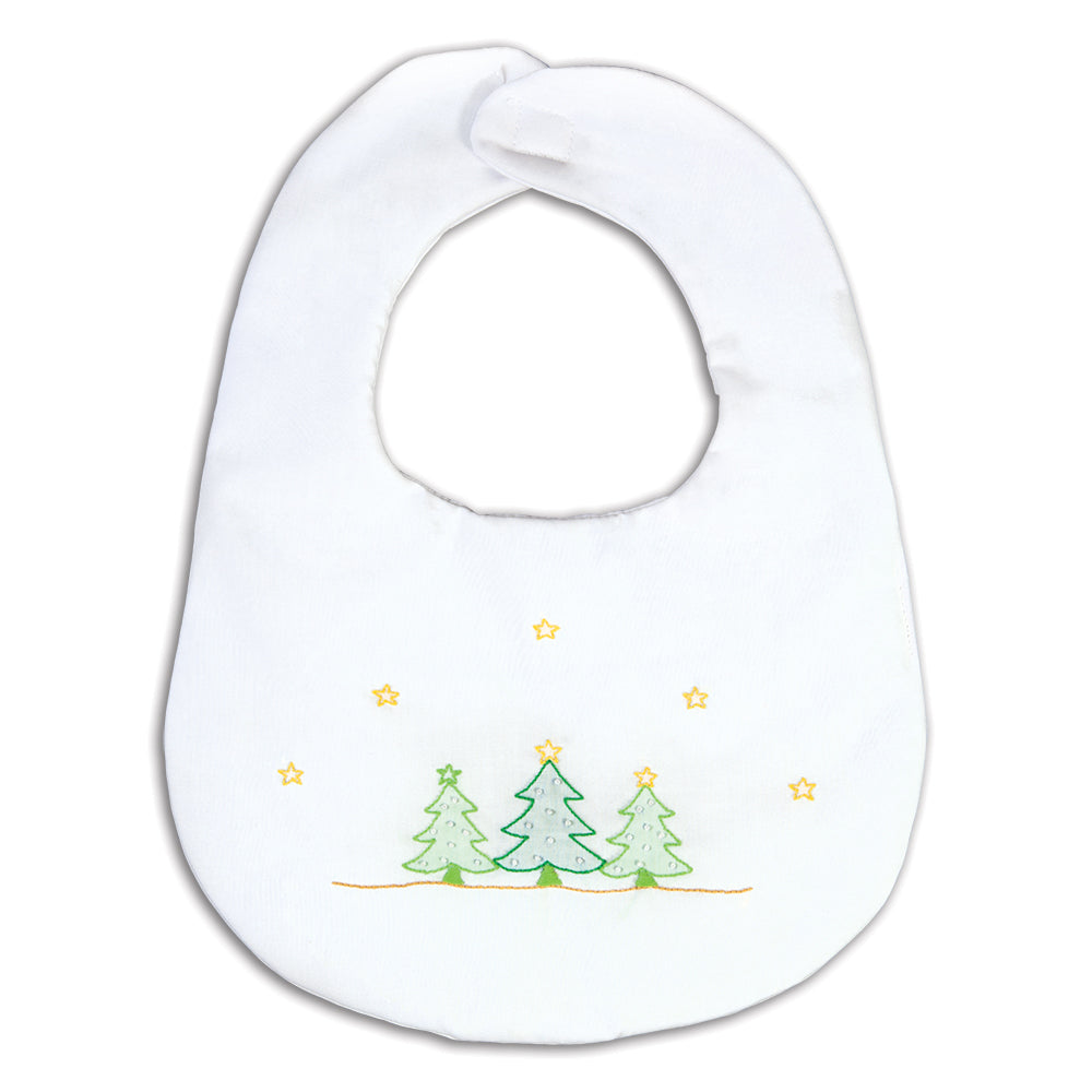 Christmas Trees Shadow Embroidered White Bib 16H 5906 BIB