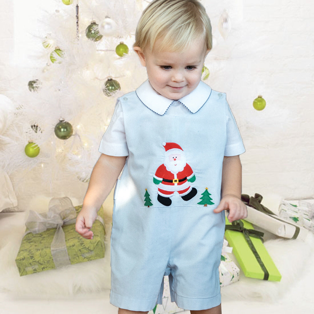 Santa Light Blue w/Green Gingham Trim Romper 16H 5916 R
