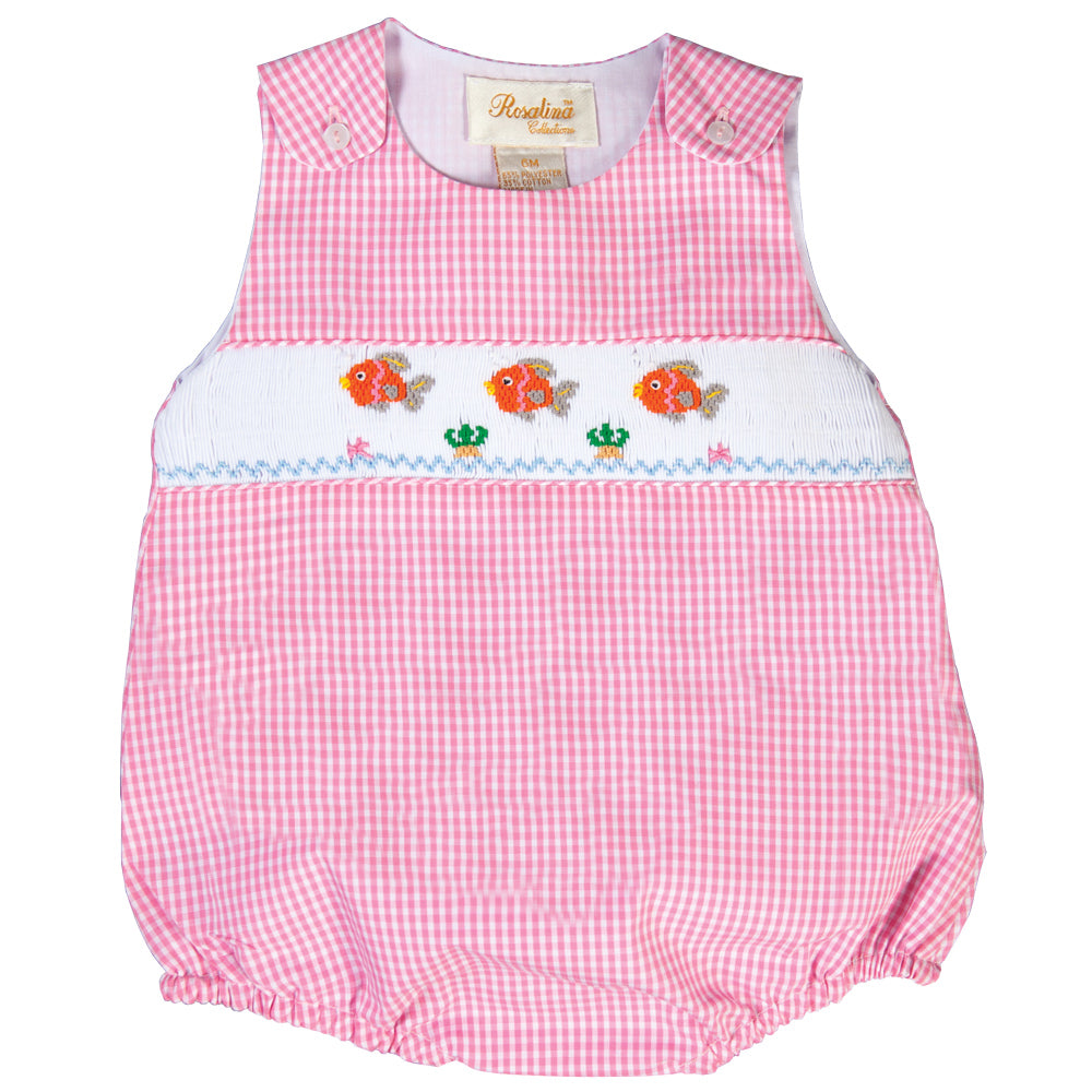 Orange Fishies Pink Gingham Smocked Girl Bubble 17SU 5923 BUG