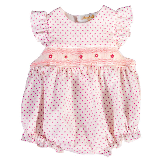 Amelia Pink Fuchsia Dot English Smocked Angel Sleeve Girl Bubble 18SP 5924 BUG