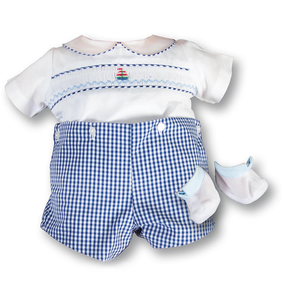 Sailboat Doll Smocked 20" Blue Gingham Short Set w/Shoes 16AYR 5985 DD