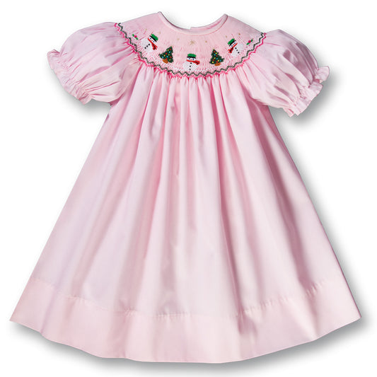 Snowmen & Christmas Trees Pink Smocked Bishop 17H 5997 A