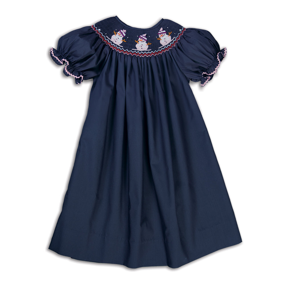 Snowman Trio Navy Blue Smocked Bishop w/RicRac 16H 5998 A