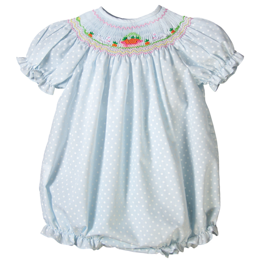 Bunnies & Carrot Basket Lt. Blue Dotted Smocked Girl Bubble 17SP 6009 BUG