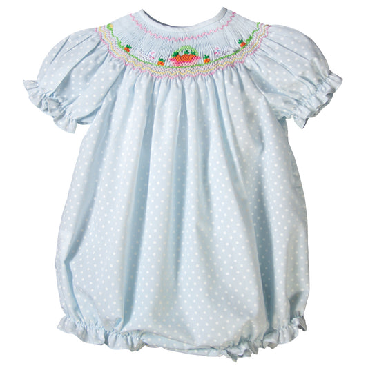 Bunnies & Carrot Basket Lt. Blue Dotted Smocked Girl Bubble 17SP 6009 BUG