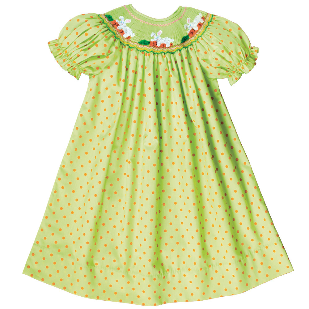 Bunnies & Carrots Apple Green Orange Dotted Smocked Bishop 17SP 6044 A