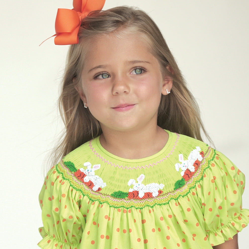 Bunnies & Carrots Apple Green Orange Dotted Smocked Bishop 17SP 6044 A