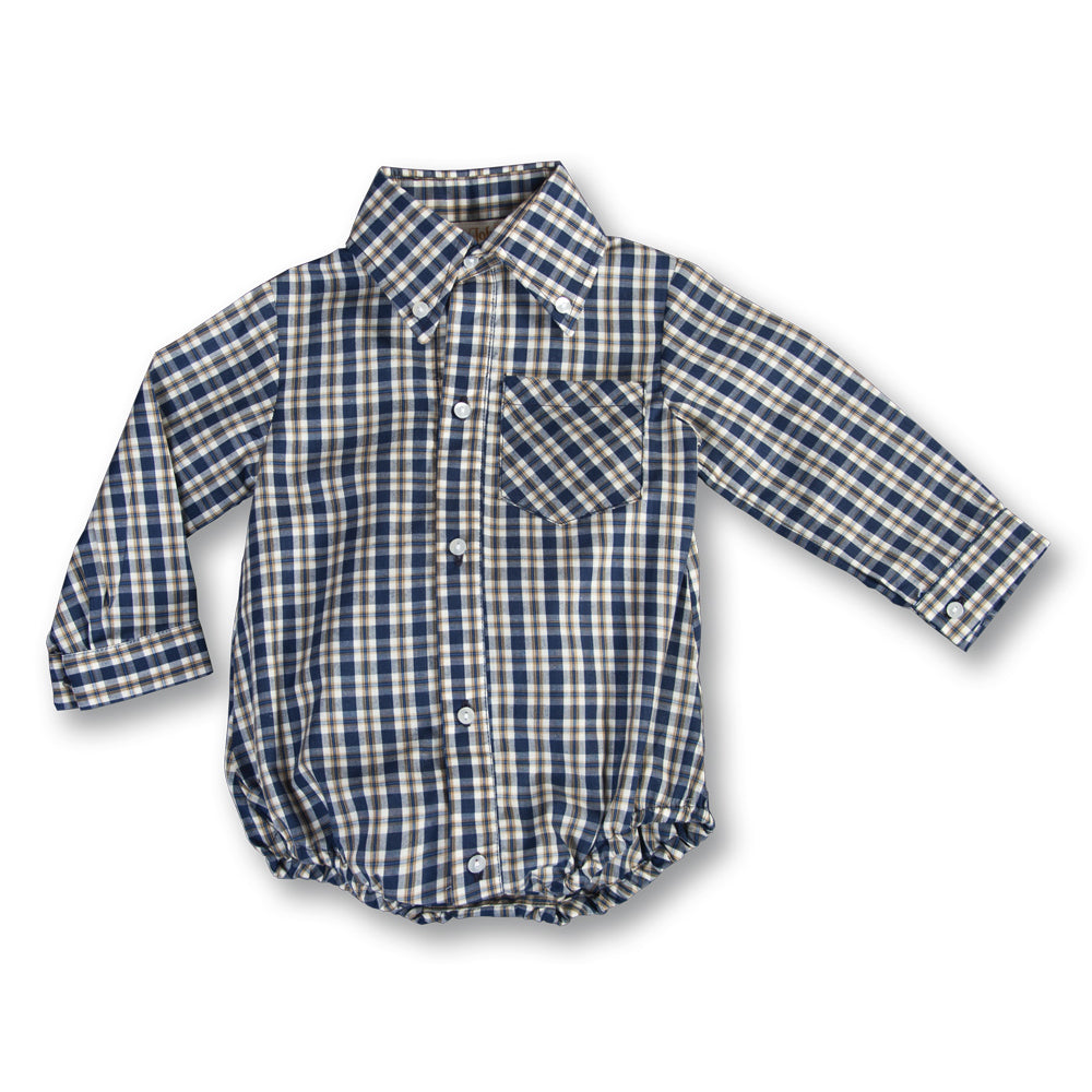 Navy Blue Tan Plaid Boy Bubble w/Button Collar 17F 6048 BUB
