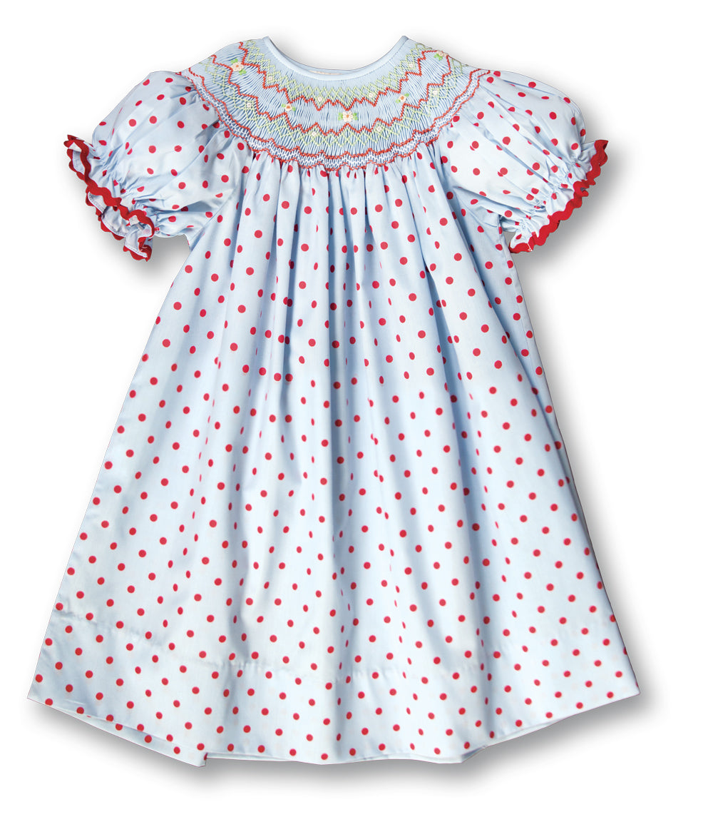 Medium Blue & Red Polkadot English Smocked Bishop w/RicRac 17H 6056 A