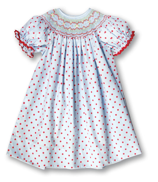 Medium Blue & Red Polkadot English Smocked Bishop w/RicRac 17H 6056 A