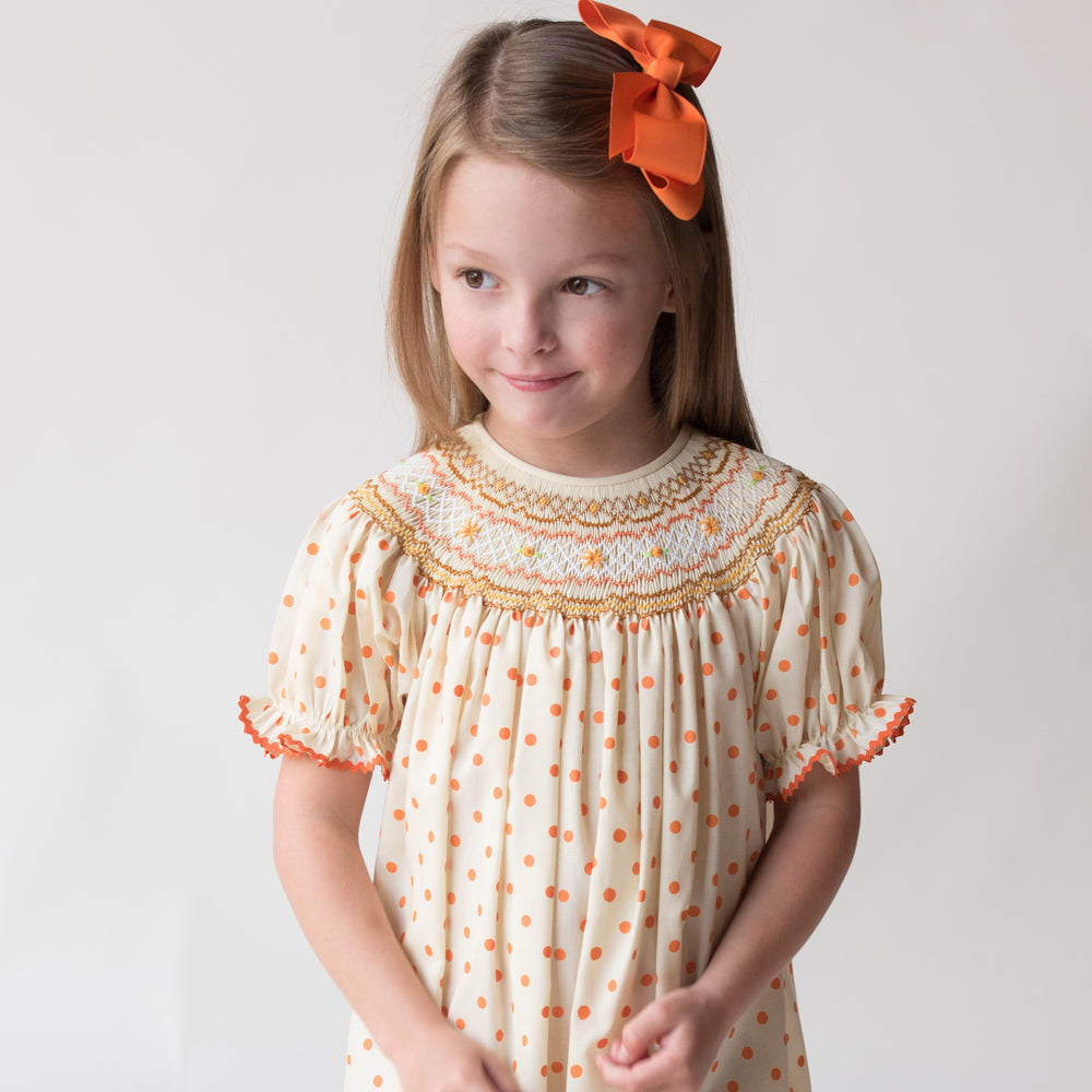 Yellow Orange Polkadot English Smocked Bishop w/RicRac 17F 6060 A