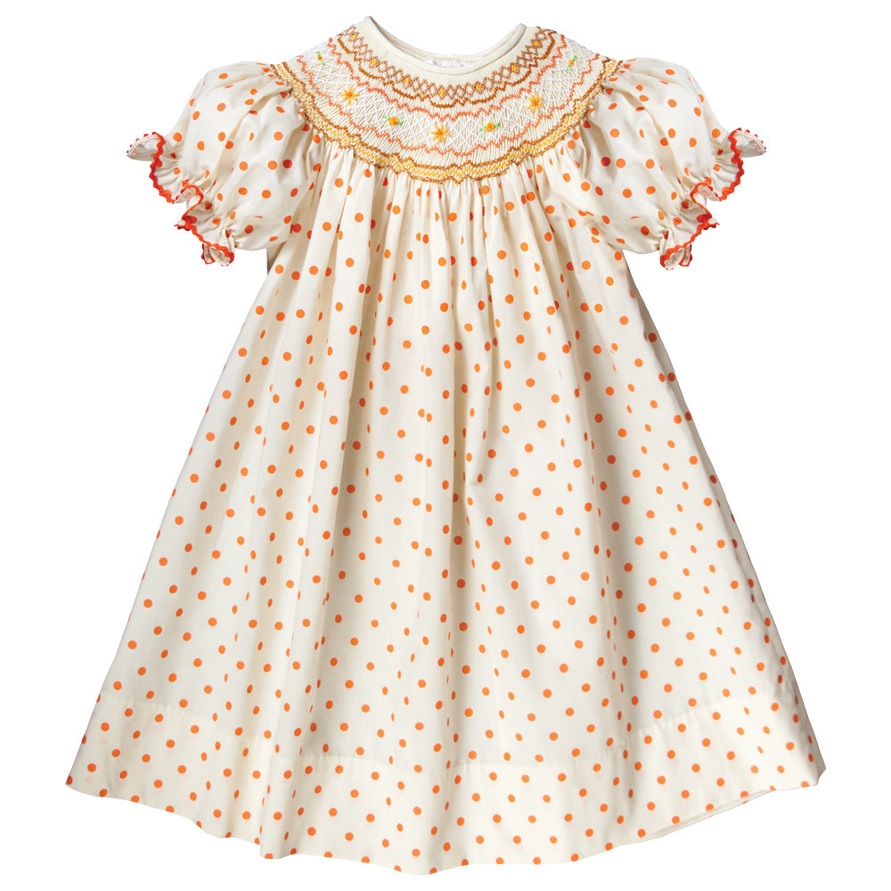 Yellow Orange Polkadot English Smocked Bishop w/RicRac 17F 6060 A