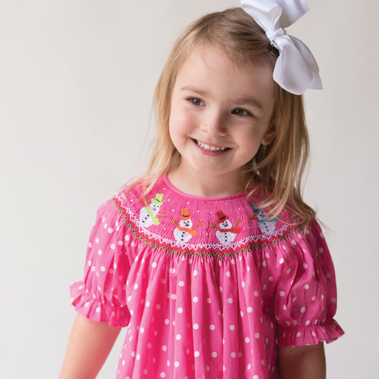 Joyful Snowmen Med. Pink White Polkadot Smocked Bishop