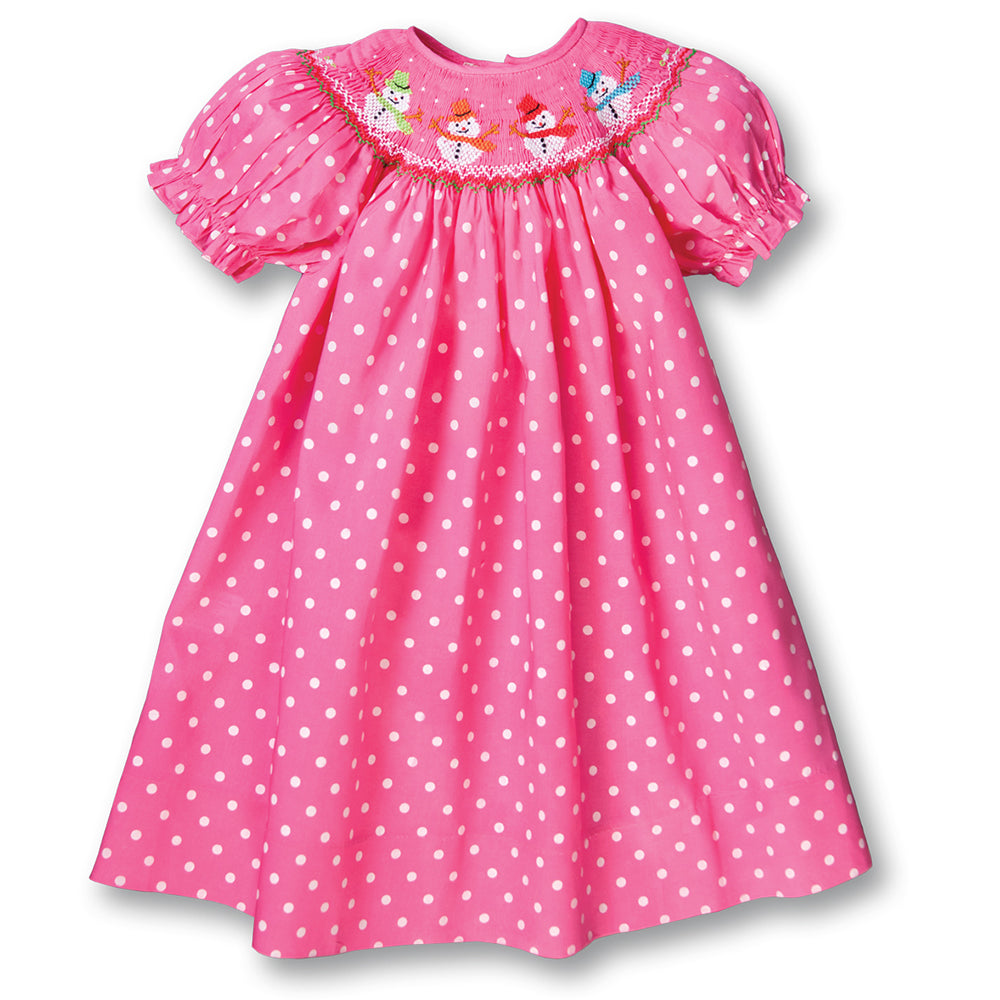 Joyful Snowmen Med. Pink White Polkadot Smocked Bishop 17H 6063 A