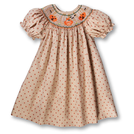 Jack-o'-lanterns Brown Gingham Polka Dot Smocked Bishop 17F 6064 A