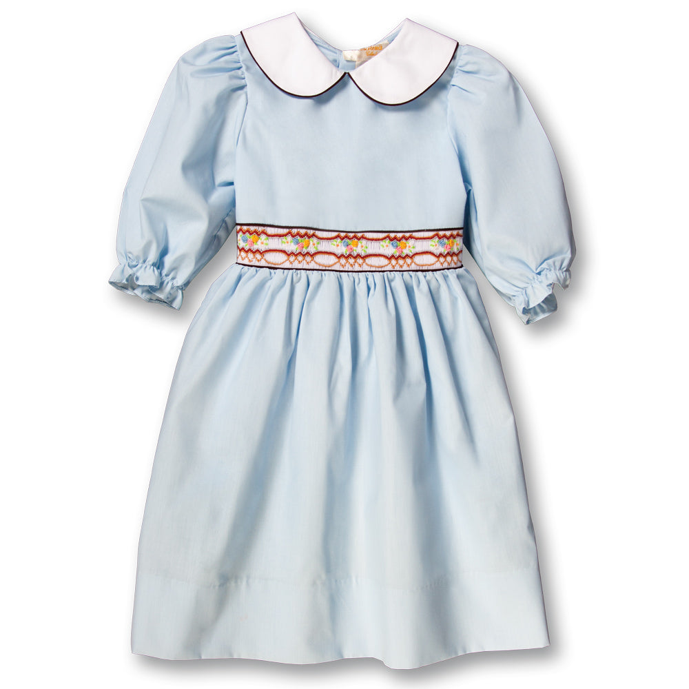Medium Blue 3/4 Sleeve Brown Trim Smocked Baby Dress w/Peter Pan Collar 17F 6065 D