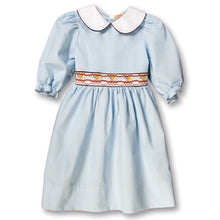 Medium Blue 3/4 Sleeve Brown Trim Smocked Baby Dress w/Peter Pan Collar 17F 6065 D