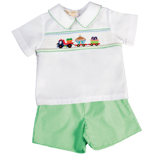 Birthday Haulin' Green Gingham Smocked Short Set 17SU 6080 SS2