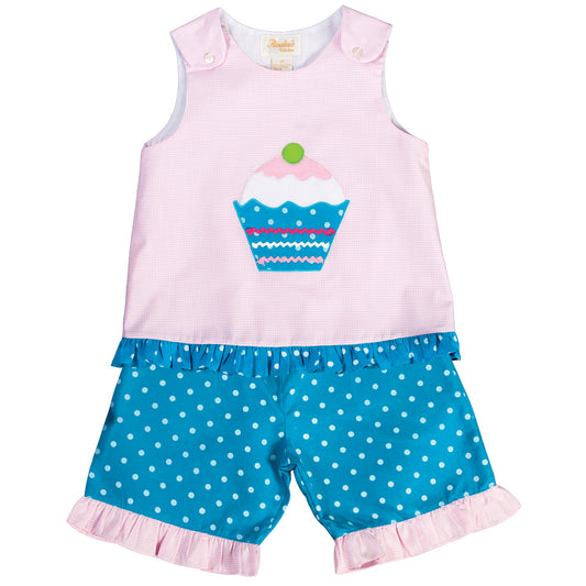 Cupcake Pink Gingham Aqua Blue Polkadot Blouse & Pants Set 17SU 6085 BP2