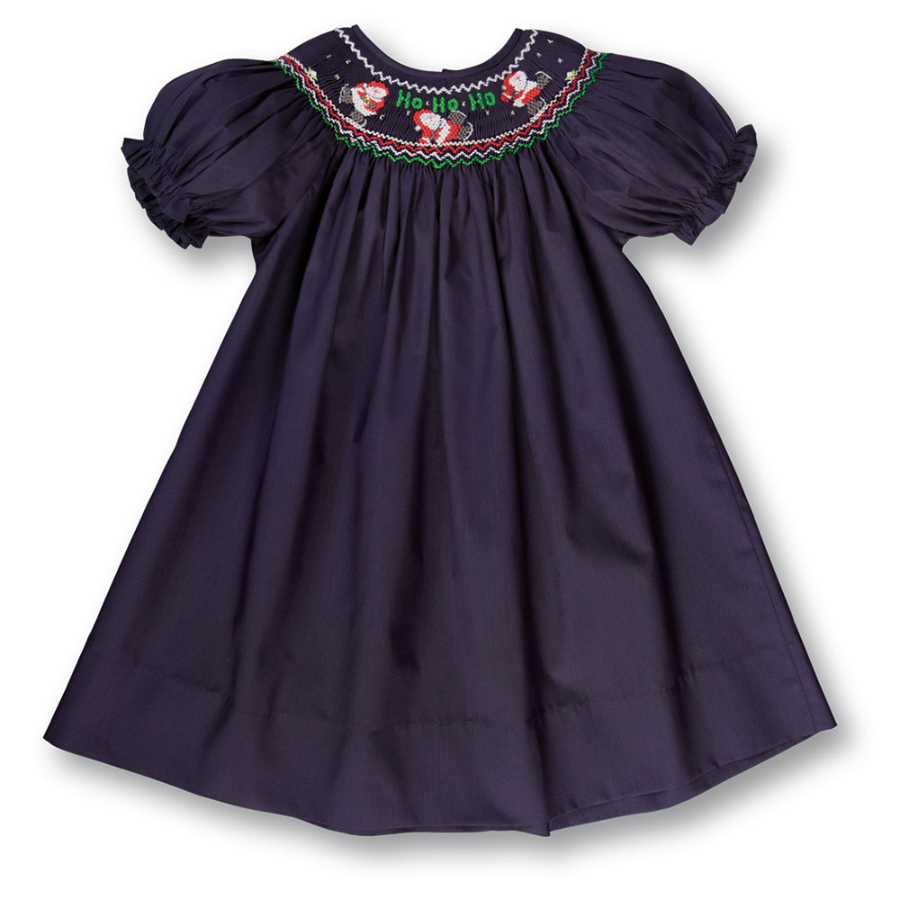 HO HO HO Skating Santas Navy Blue Smocked Bishop 17H 6093 A