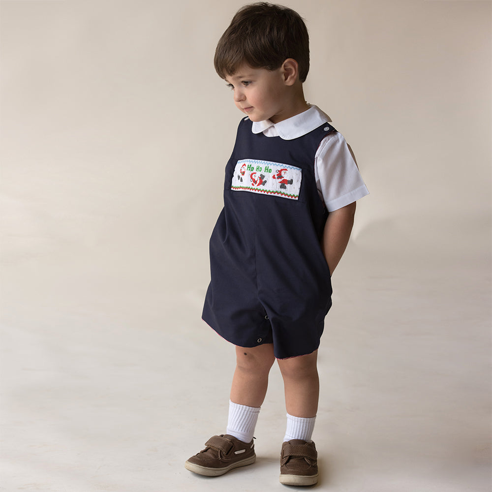 HO HO HO Skating Santas Navy Blue Reversible Smocked Romper 17H 6093 R