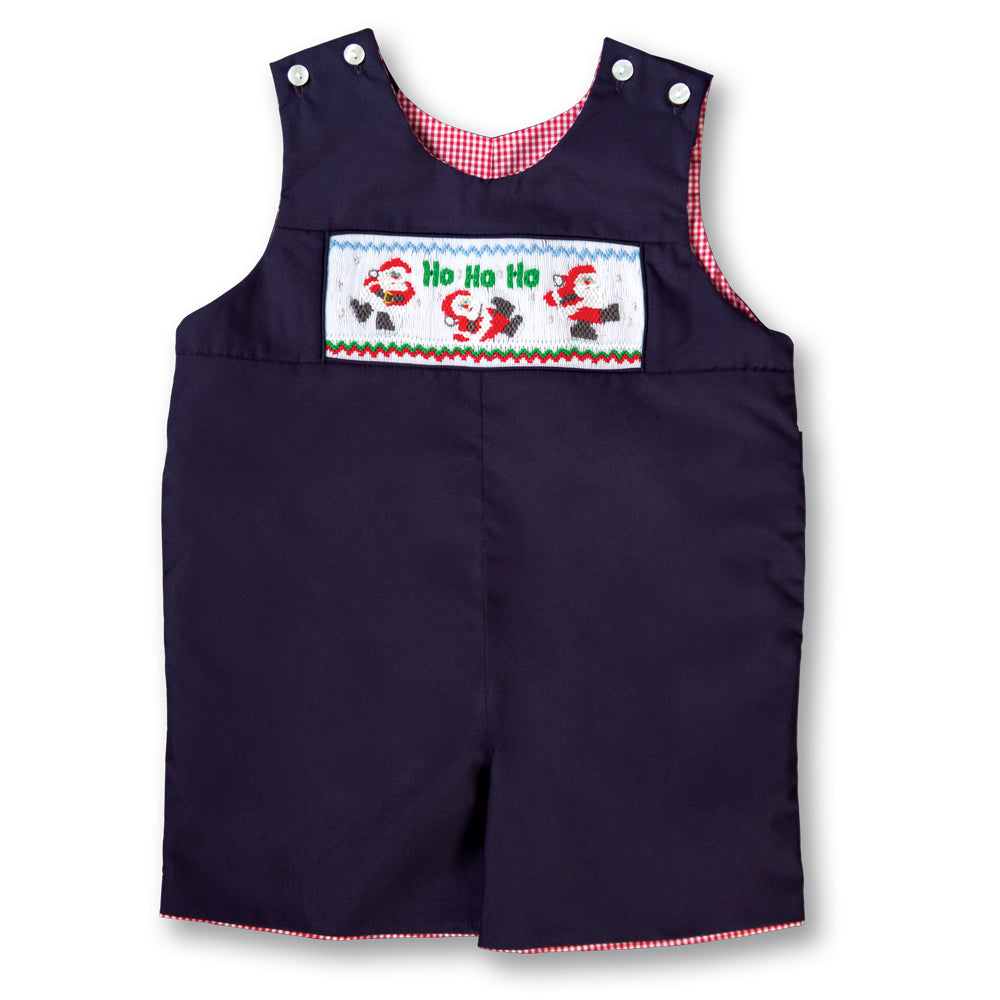 HO HO HO Skating Santas Navy Blue Reversible Smocked Romper 17H 6093 R