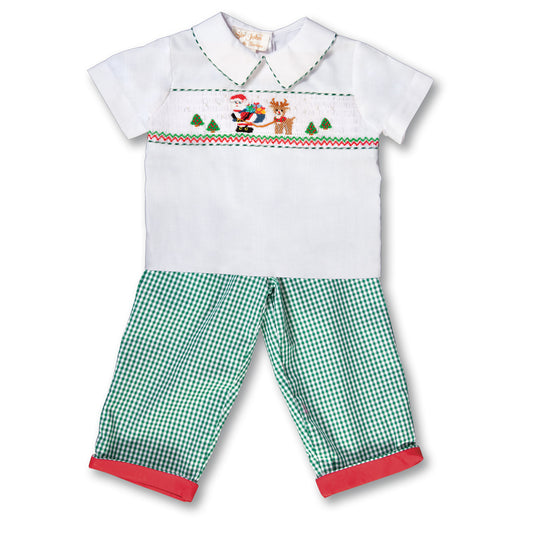 Santa & Rudolph White Green Gingham Smocked Shirt/Pants 17H 6096 SP