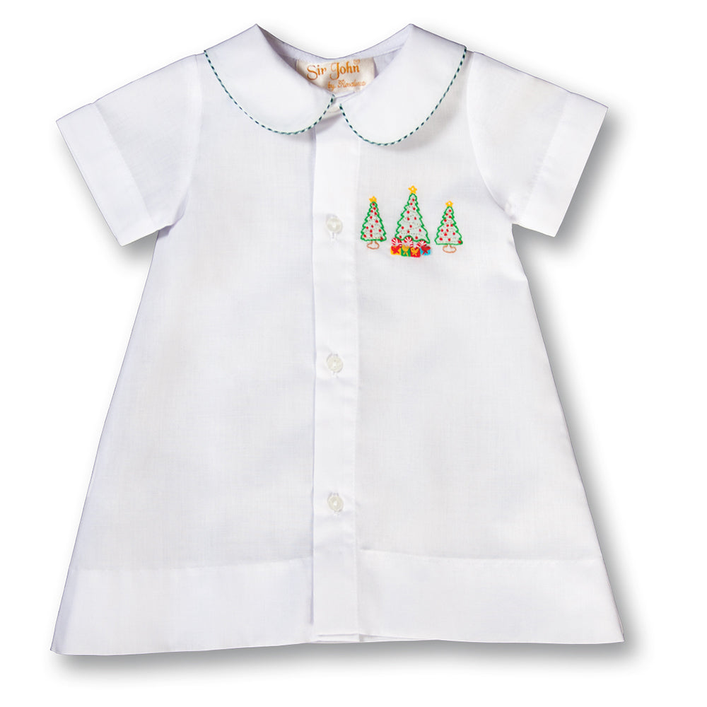 Christmas Trees & Presents Shadow Embroidered Boy White Daygown w/Green Gingham Trim 17H 6100 DGB