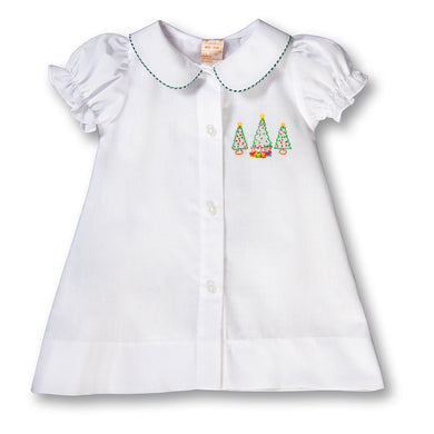 Christmas Trees & Presents Shadow Embroidered Girl White Daygown w/Green Gingham Trim 17H 6100 DGG