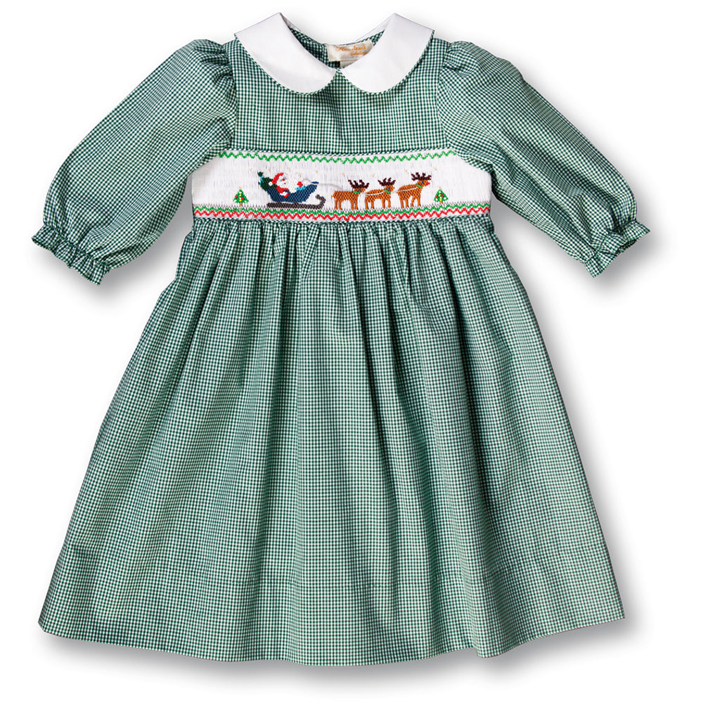 Santa's Trip Green Gingham 3/4 Sleeve Smocked Baby Dress 17H 6104 D