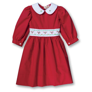Candy Canes Red Hand Embroidered Long Sleeve Baby Dress w/Collar & Sash 17H 6105 D